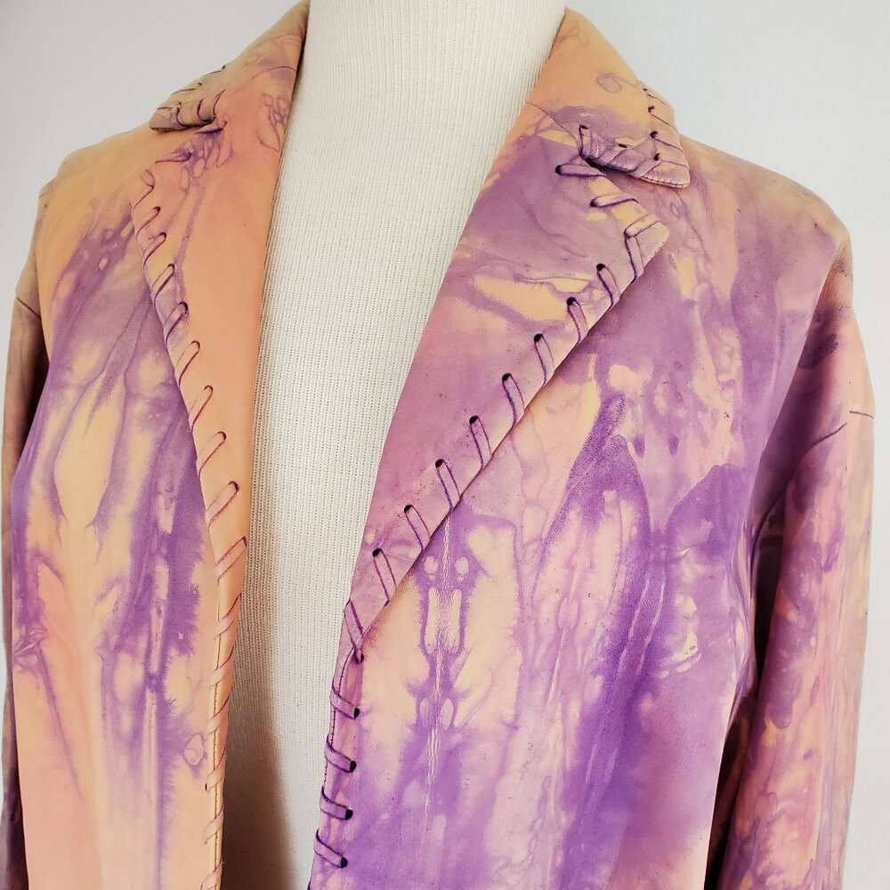 Escada leather jacket western blazer pink beige blue purple tan large XL tiedyed